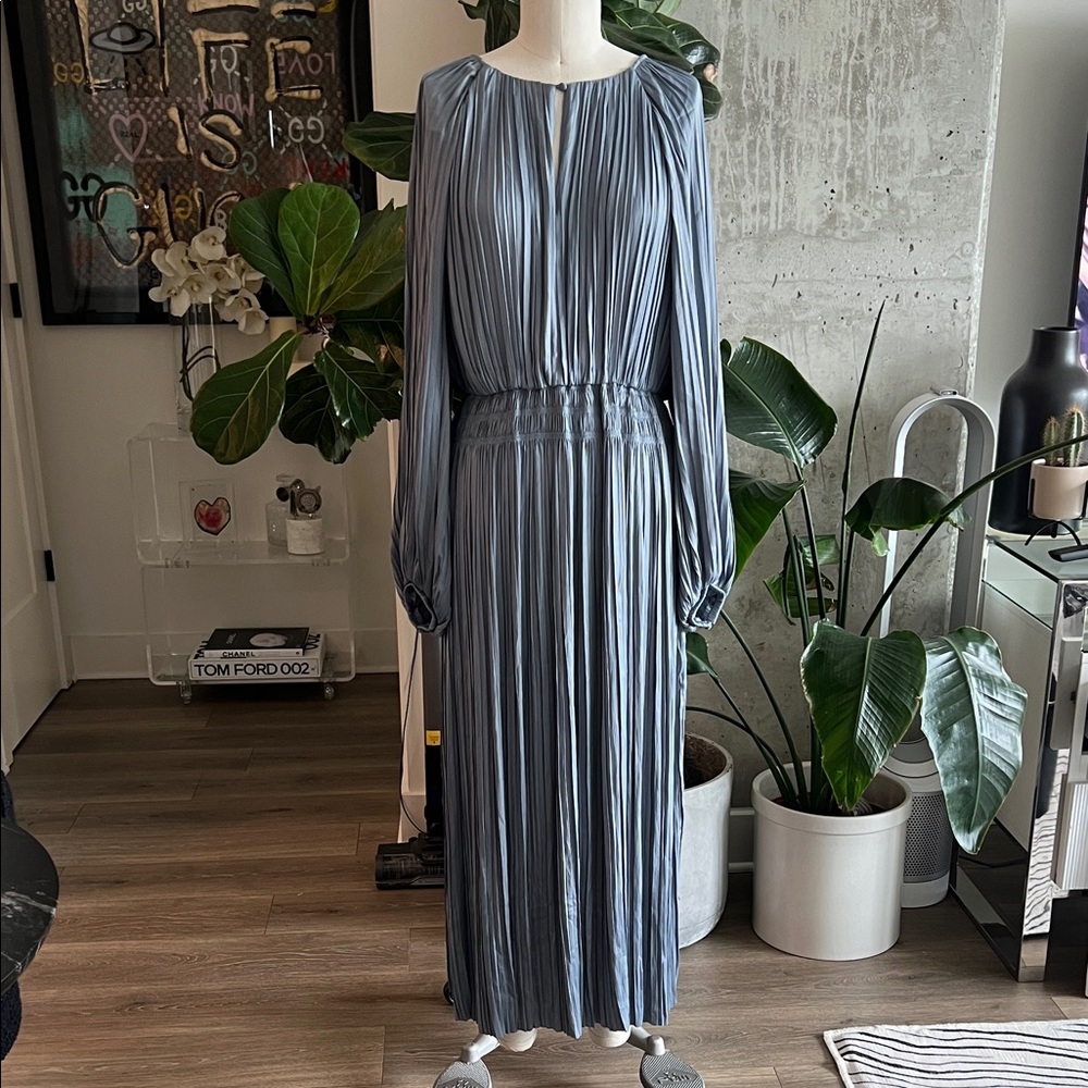 Tahari Steel Blue Pleated Long-Sleeve Maxi Dress